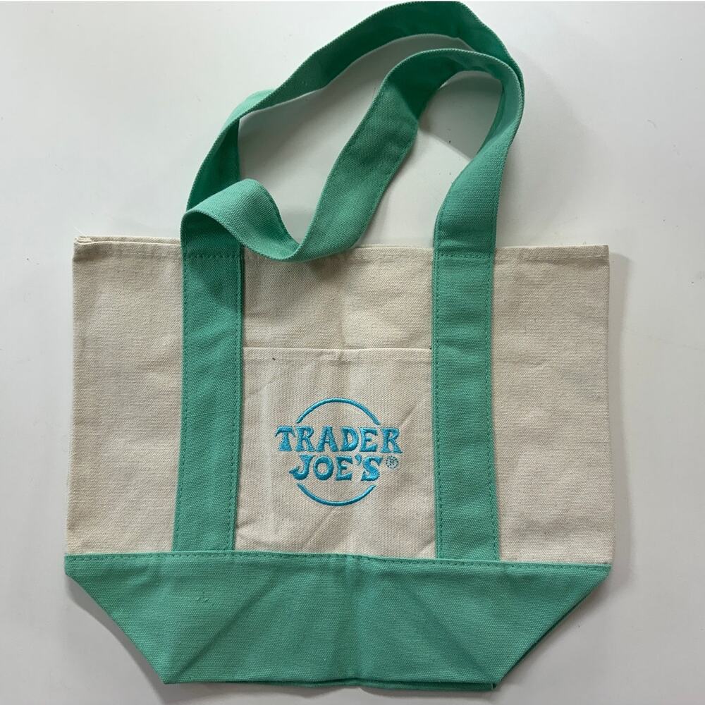 Trader Joe's Mini Pastel Canvas Tote Bag Mint Green Limited Edition - Picture 5 of 9